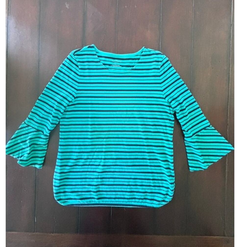 Talbots Womens Large Turquoise Navy Stripe Boat Neck 100% Cotton Knit Top L